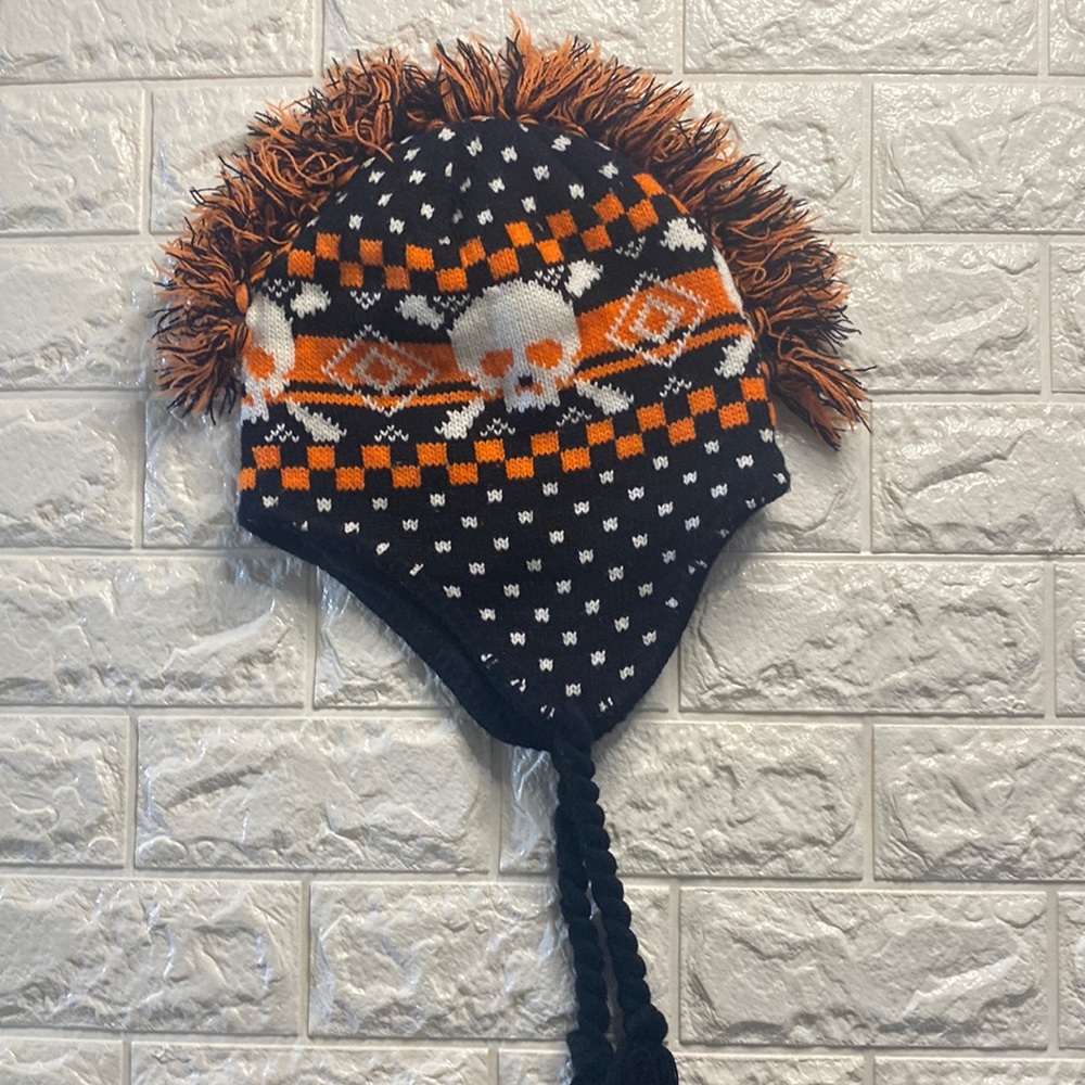 Orange and black skull beanie